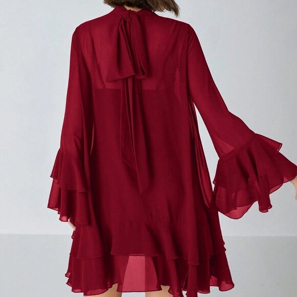 Burgundy Elegant Women's Stand Collar Long Sleeve flowy Short ruffled hem Dress - Picture 4 of 8